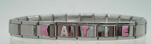 Any single name on Italian charm bracelet Pink & White letters - Click Image to Close
